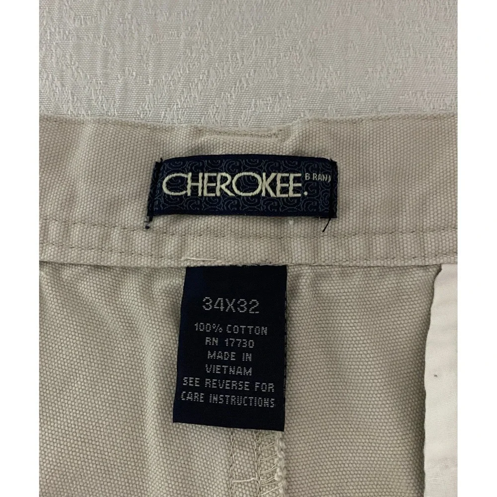 Cherokee Mens Khaki Cargo Pants 34x32 Wide Leg Carpenter Workwear Tan Cotton‎